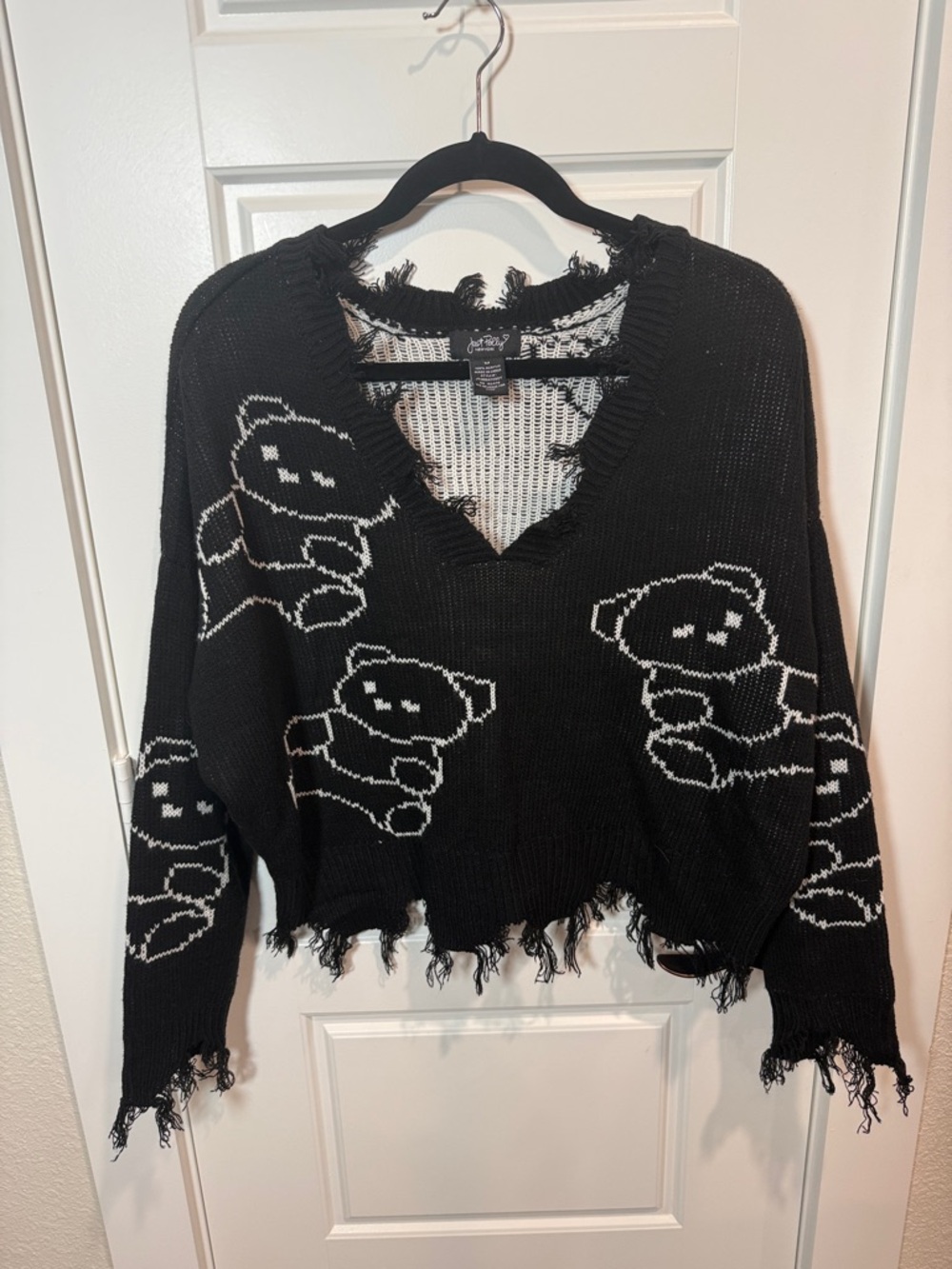 Joyrich Black Knit V-Neck Sweater with White Teddy Bear Motif - Picture 3 of 8